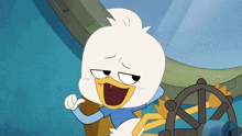 a cartoon duck is making a funny face while holding a steering wheel