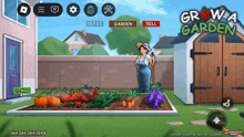 a screenshot of a game called grow a garden shows a woman standing in a garden