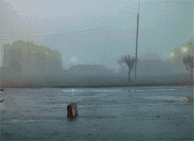 a painting of two people walking in a foggy parking lot