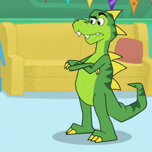 a cartoon of a green and yellow dinosaur standing with his arms crossed