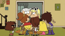 a group of cartoon characters are standing in a room and one of them is wearing sunglasses