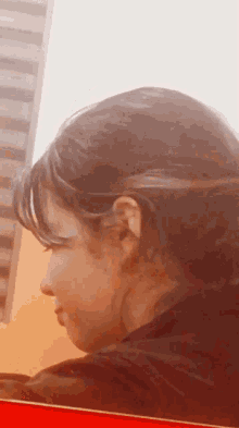 a close up of a woman 's face with a red border around it