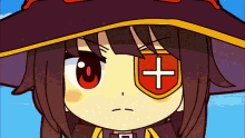a cartoon of a girl with a red cross on her eye