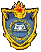 a blue and gold emblem with a torch and a book with the letters mb on it
