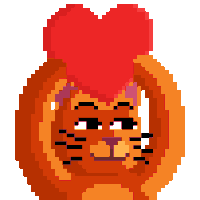 a pixel art illustration of a lion holding a red heart on its head