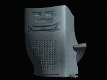 a computer tower with a smiley face on it and a green light behind it