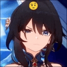 a close up of a girl with a smiley face on her head in a video game .