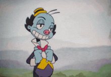 a blue cartoon character with a yellow hat and a red bow tie