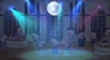 a group of cartoon characters are dancing in a room with a disco ball