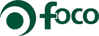 a green and white logo for foco with a green circle