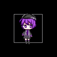a pixel art of a girl with purple hair and a hat that says utah