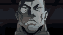 a close up of a man 's face with a serious expression