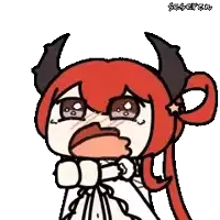 a cartoon character with red hair and horns is crying and covering her mouth .