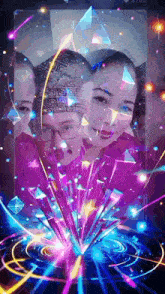 a group of people are standing next to each other with a purple background