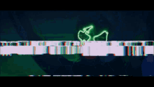 a person with a green light on their face behind a rainbow of lines