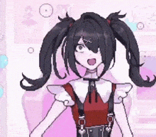 a pixel art of a girl with black hair and pigtails