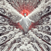 a man in a white robe is surrounded by white fans and smoke