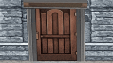 a wooden door against a stone wall with a canopy over it