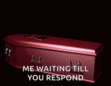 a red coffin with the words me waiting till you respond written on it