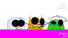 a group of cartoon characters are standing next to each other on a pink and white striped background .