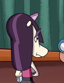 a close up of a cartoon character with purple hair and horns