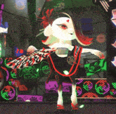 a cartoon character in a black and red outfit with a necklace that says ' a ' on it