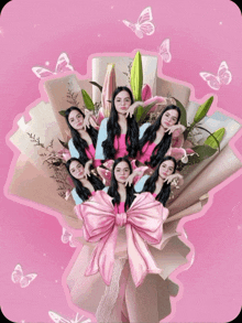 a bouquet of flowers with a pink bow and butterflies around