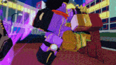 a purple cartoon character is standing in front of a building that says ' tokyo ' on it