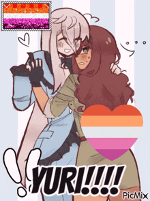a picture of two girls hugging with yuri written on the bottom