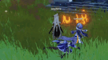 a group of anime characters are standing in a grassy field including sanyuine