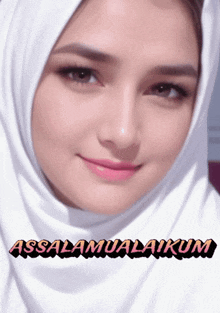 a woman wearing a white hijab with the words assalamualaikum on the bottom right