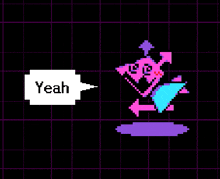 a pixel art of a purple monster talking to a white speech bubble that says yeah .