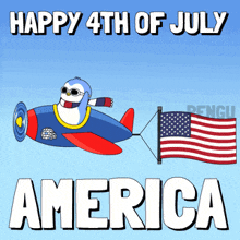 a penguin is flying in a plane with an american flag attached to it