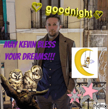 a man in a suit stands in front of a sign that says " may kevin bless your dreams "