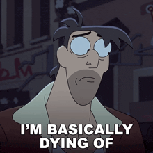 a cartoon character says " i 'm basically dying of " in front of a building