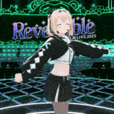 a girl in a black and white outfit is dancing in front of a sign that says reversible live 2025