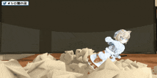 a computer generated image of a girl surrounded by a pile of papers
