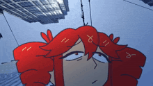 a cartoon drawing of a girl with red hair looking up at a building