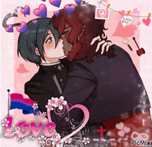 a picture of a man kissing another man with the word love in the corner