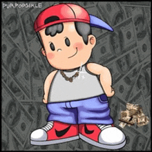 a cartoon of a boy standing in front of a pile of money with the name purpopsicle on the bottom