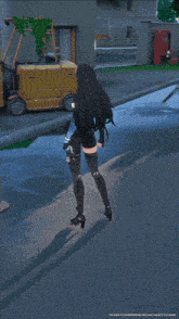 a girl with long black hair is standing on a sidewalk in a video game