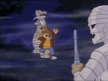 a cartoon of a boy standing in front of a mummy holding a sword