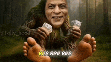 a monkey is sitting on the ground holding a bunch of money in his hands .