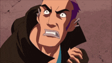 a cartoon of a man with purple hair and a brown jacket