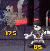 two lego skeletons are standing next to each other in a video game holding swords .