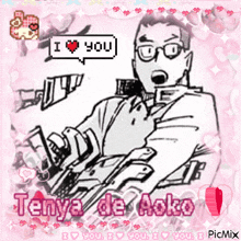 a black and white drawing of a man with glasses and a speech bubble that says i love you