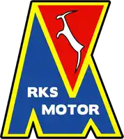 a blue and yellow logo for rks motor with a red triangle