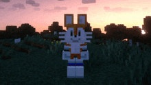 a minecraft character is standing in a field with trees in the background