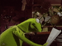 kermit the frog looking at a piece of paper