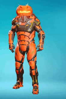 a man with a pumpkin on his head is wearing orange armor